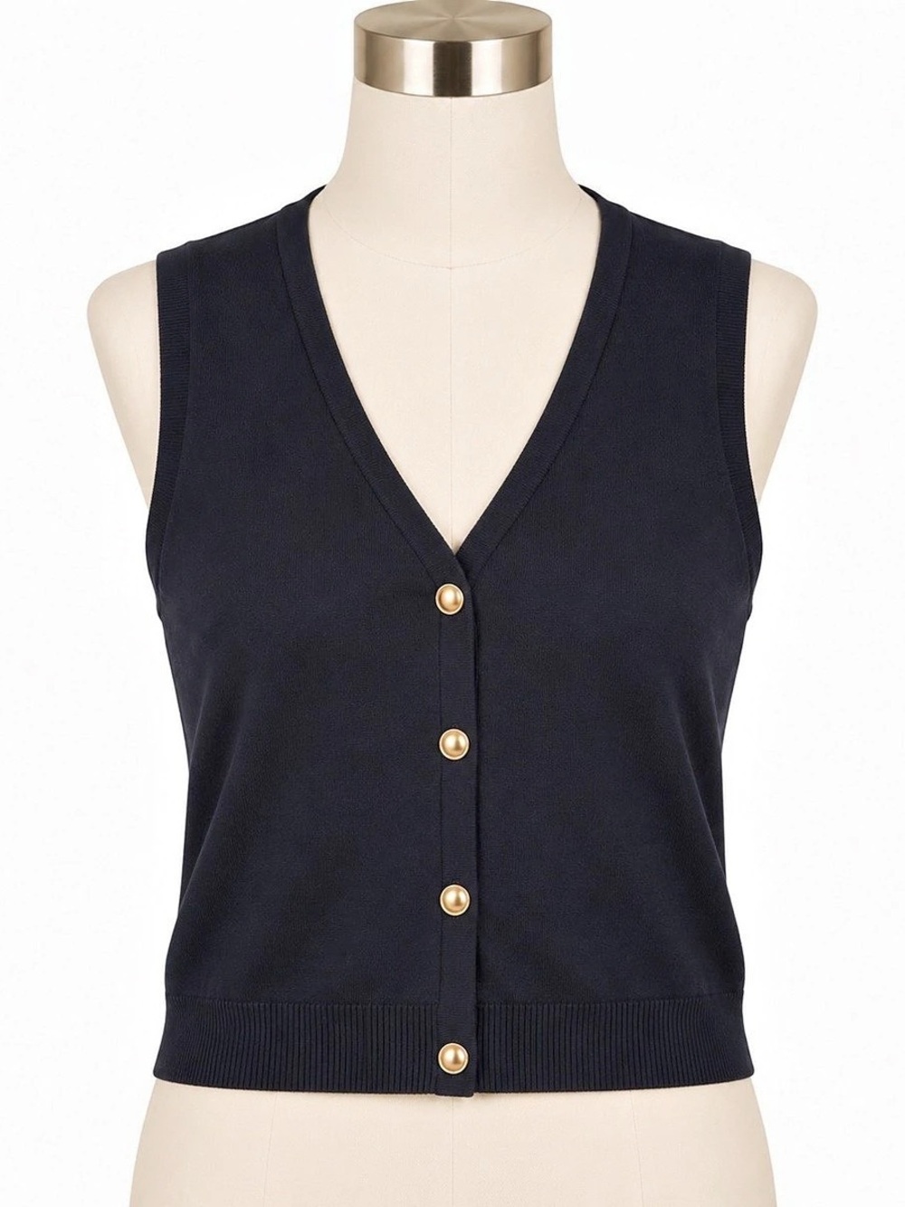 Free Assembly Women’s XL Navy Blue Knit Sweater Vest Gold Button V-Neck Cardigan